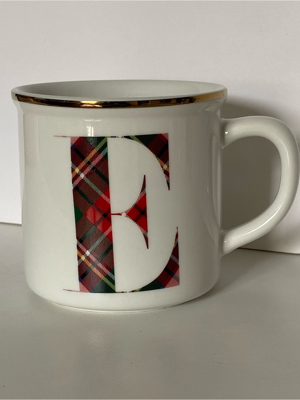 Pottery Barn Stewart Plaid Letter "E" Initial Mug Alphabet Stoneware Coffee Cup